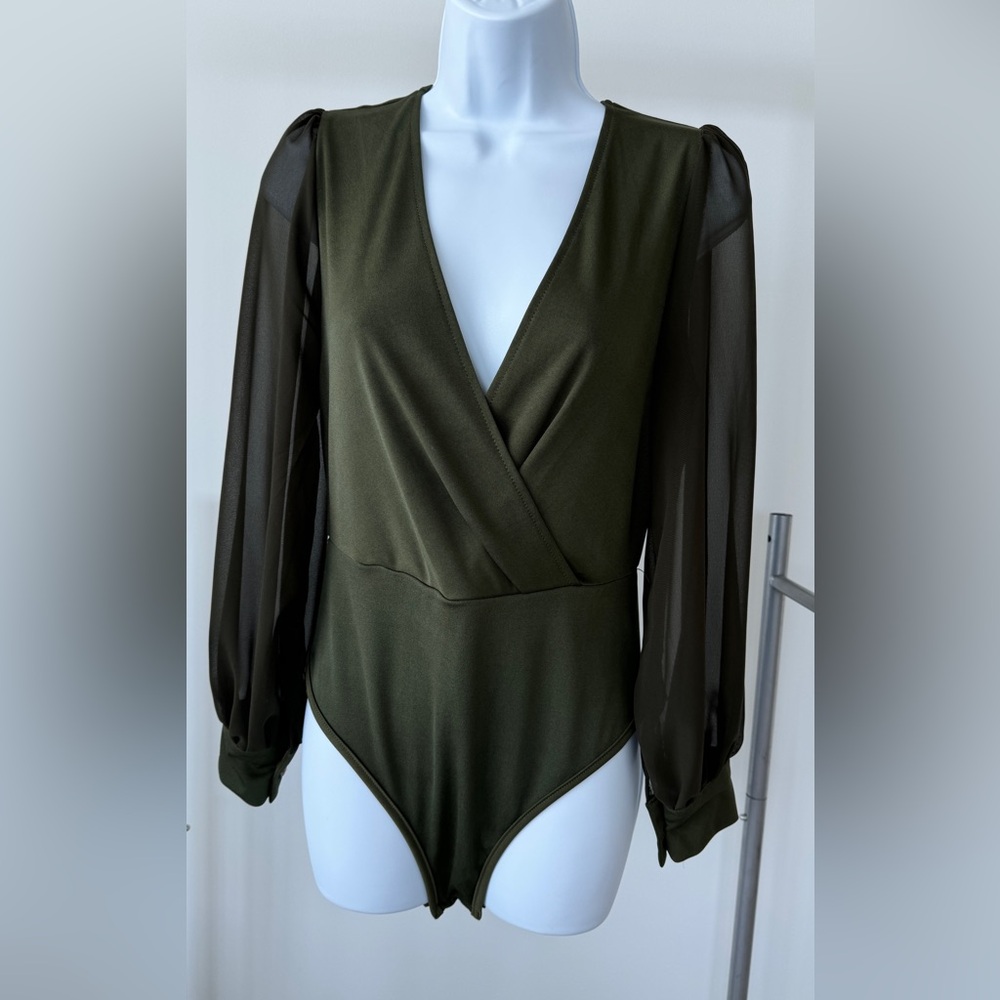 Olive Green Bodysuit Mesh Sleeves - Shein